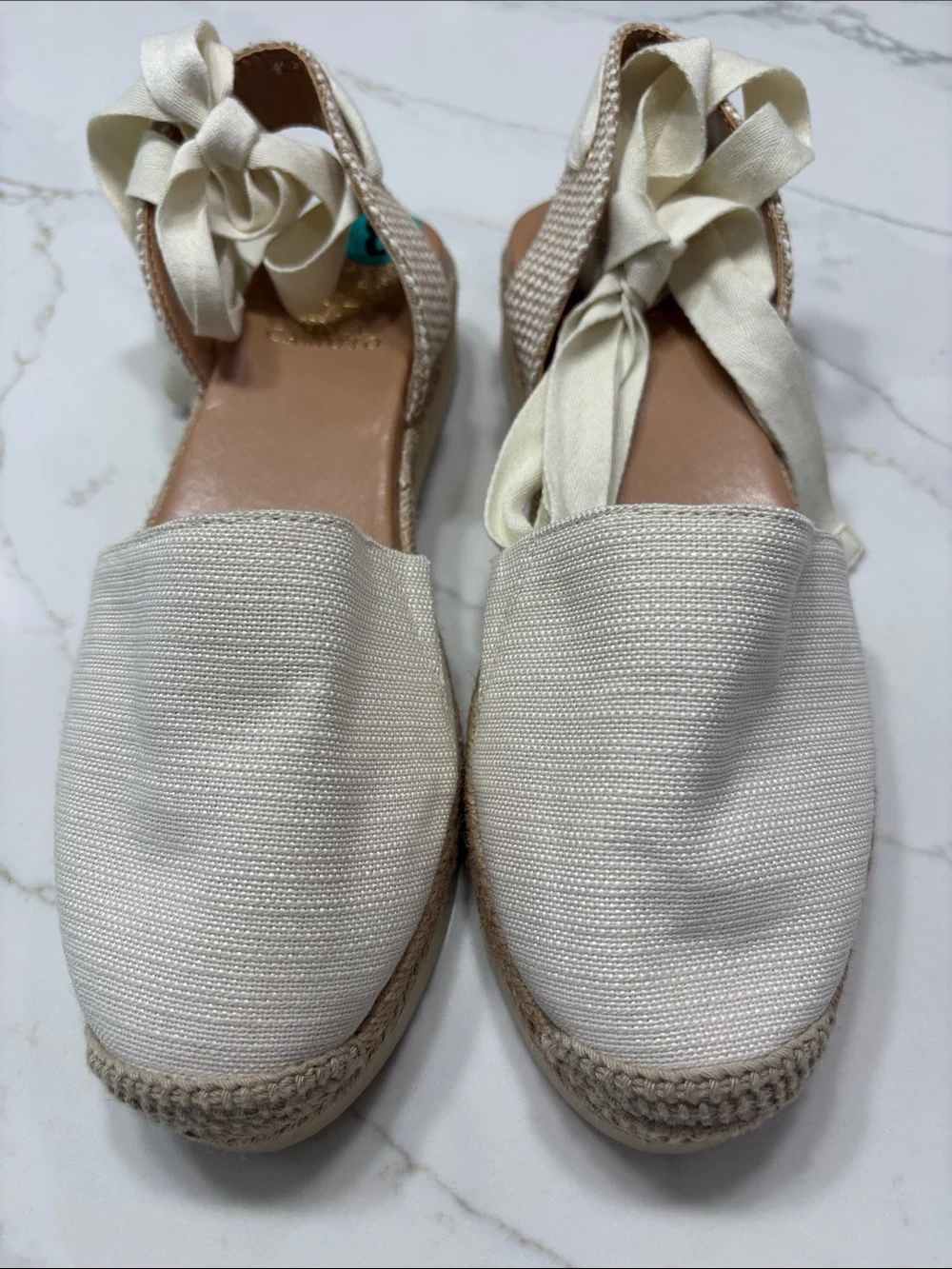 Vince Camuto Cream Canvas Espadrille Platform Sandals with Ankle Tie